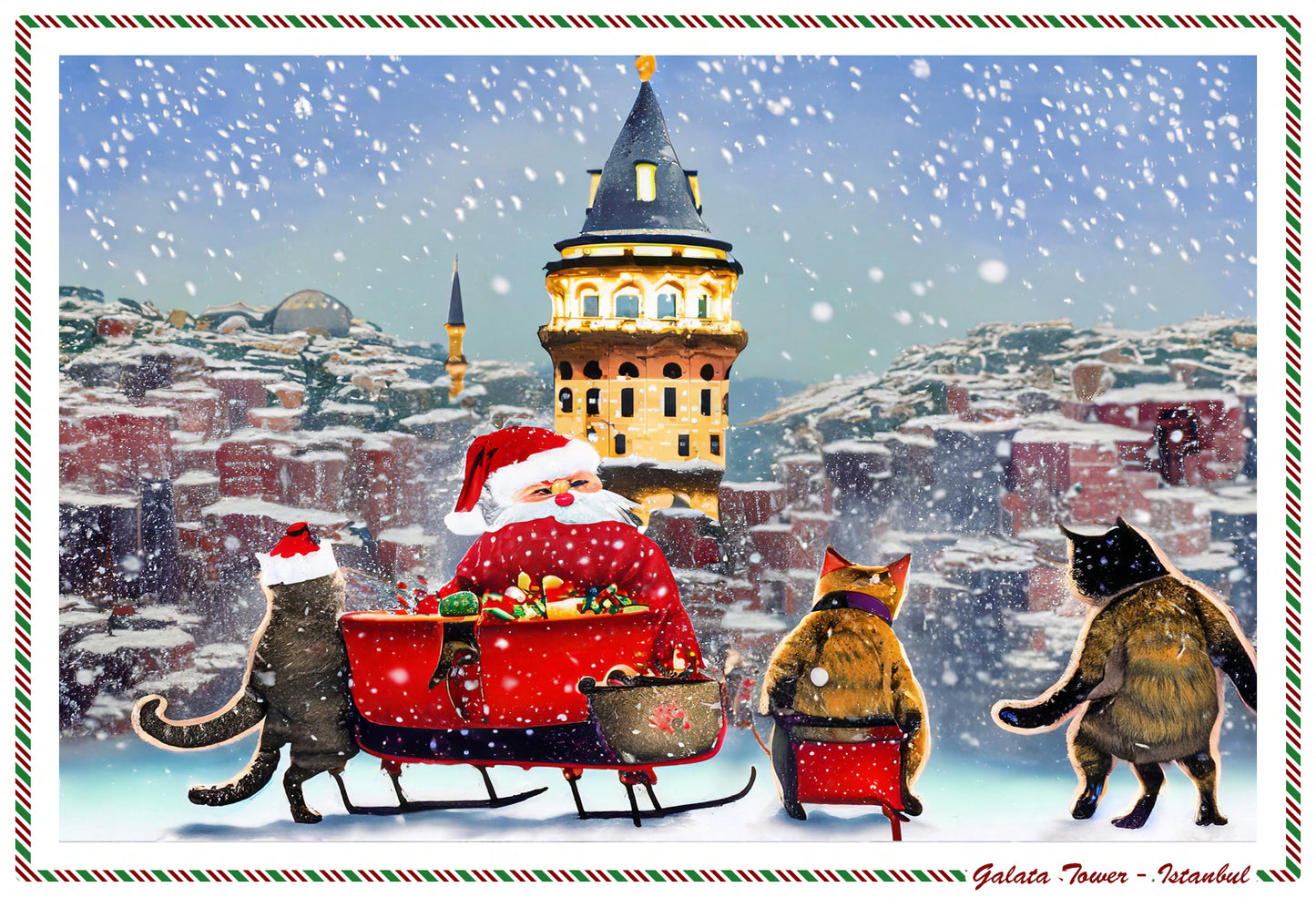 Cats of Istanbul - Winter Cat VIII / GALATA TOWER Postcard